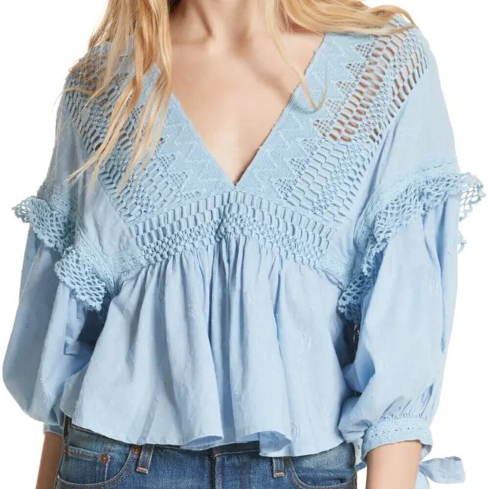Free People Drive You Mad Women Blue Crocheted Crop Puff Sleeve Top XS Peplum